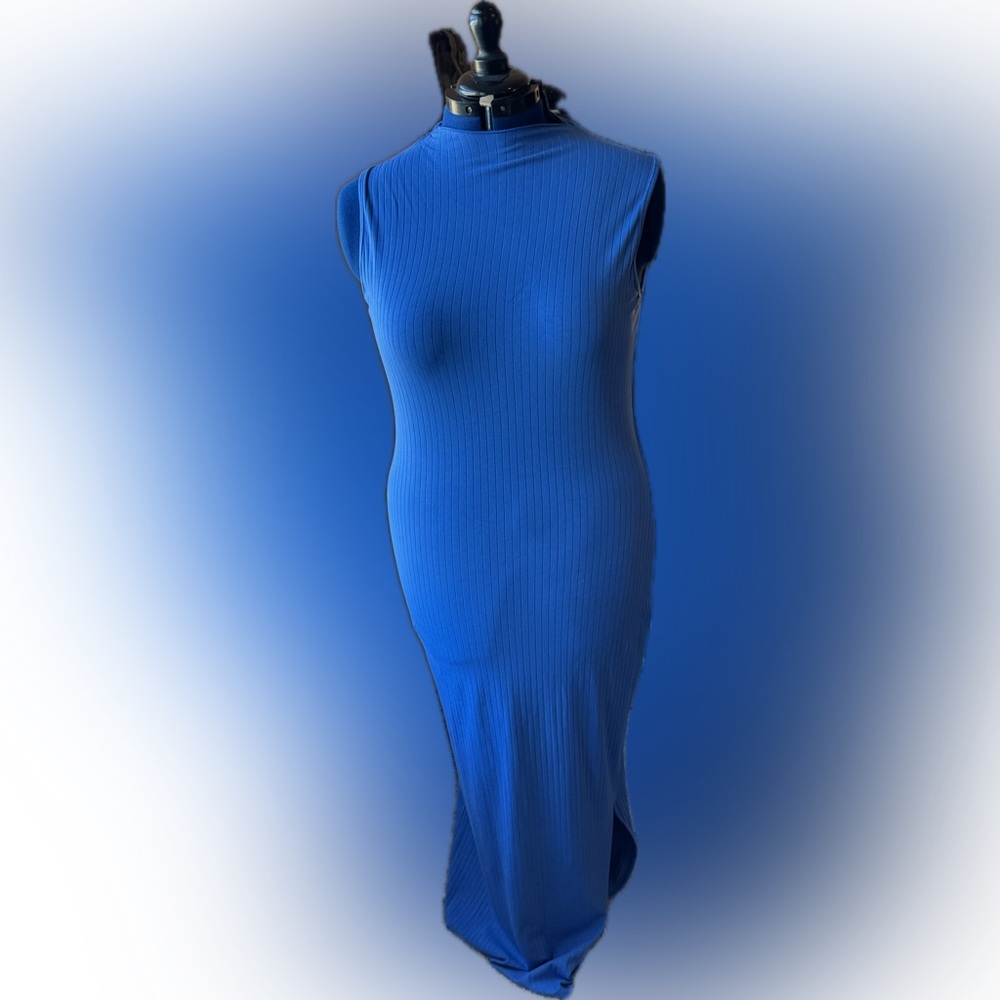 Blue Maxi Bodycon Dress with Mock Neck - Picture 2 of 6